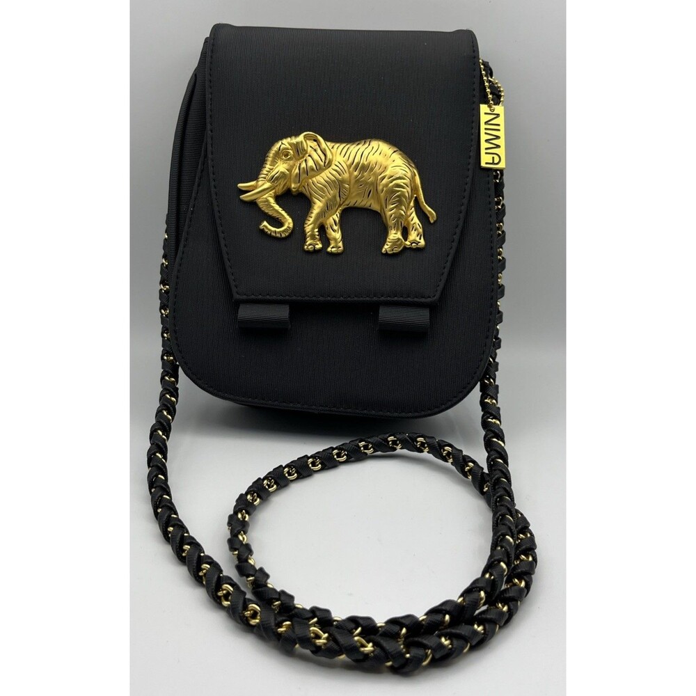 VNTG Crossbody NIMA Black purse With gold metal Elephant 7x8x2 inches